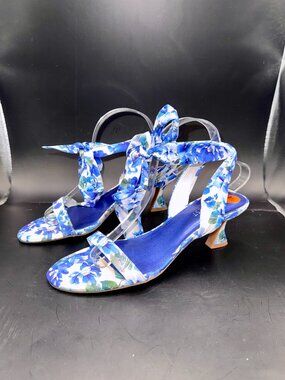 Sz 9.5 Nine West Women’s Lopez Blue White Floral Flowers Ankle Wrap Heel Sandals